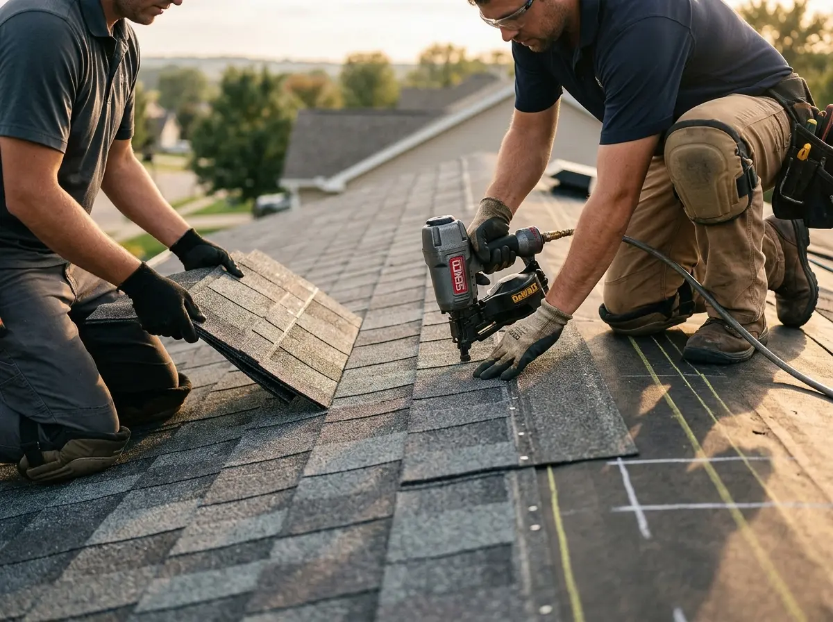Professional roofer working on a residential roof in Waterville